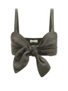 Casa Raki - Cala Tie-front Organic-linen Bralette - Womens - Khaki