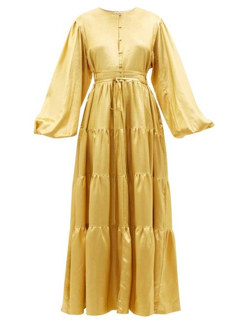 Fil De Vie - Helena Gathered Silk-blend Lam Maxi Dress - Womens - Gold