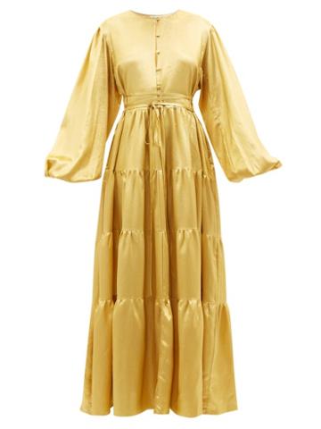 Fil De Vie - Helena Gathered Silk-blend Lam Maxi Dress - Womens - Gold