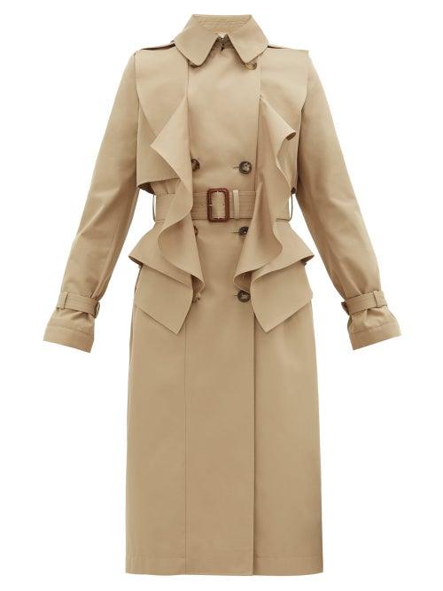 Matchesfashion.com Alexander Mcqueen - Double-breasted Ruffled Gabardine Trench Coat - Womens - Beige