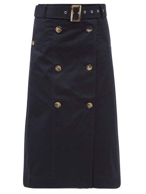 Matchesfashion.com Lee Mathews - Hutton High-rise Cotton-drill Midi Skirt - Womens - Navy