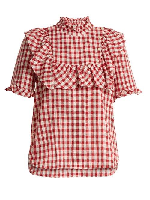 Matchesfashion.com Lee Mathews - Germaine Ruffle Trimmed Cotton Gingham Top - Womens - Burgundy White