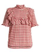 Matchesfashion.com Lee Mathews - Germaine Ruffle Trimmed Cotton Gingham Top - Womens - Burgundy White