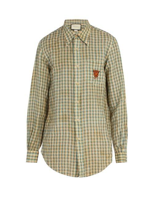Matchesfashion.com Gucci - Embroidered Checked Linen Shirt - Mens - Blue