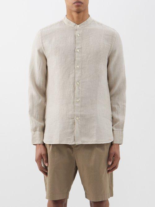 120 Lino 120% Lino - Stand-collar Patch-pocket Linen Shirt - Mens - Beige