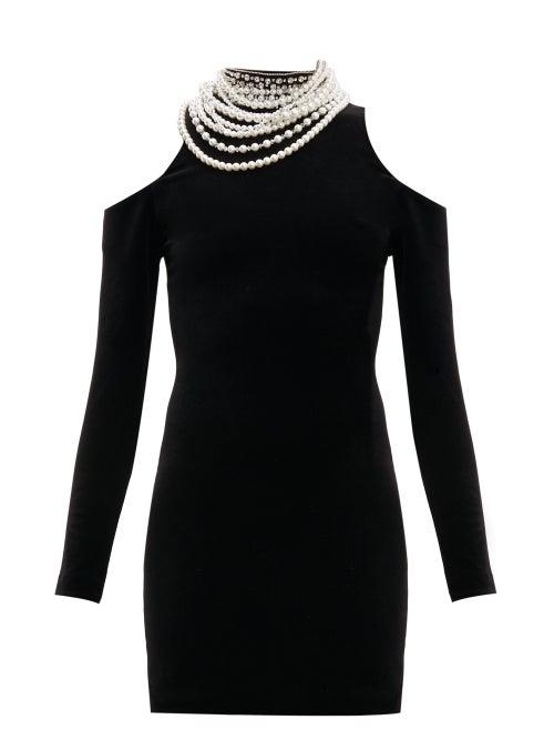 Matchesfashion.com Balmain - Pearl Cut Out Shoulder Velvet Mini Dress - Womens - Black