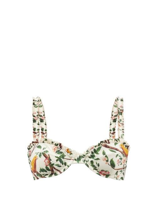Agua By Agua Bendita - Agraz Ruffled Bird-print Bikini Top - Womens - White Multi
