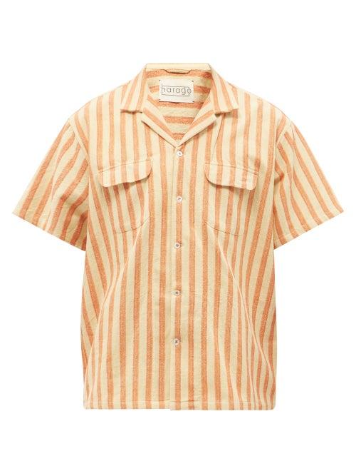 Mens Rtw Harago - Jacquard-striped Upcycled Linen-chambray Shirt - Mens - Orange Multi
