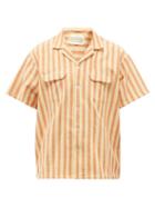 Mens Rtw Harago - Jacquard-striped Upcycled Linen-chambray Shirt - Mens - Orange Multi