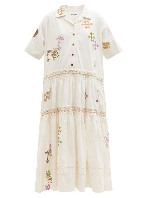 Matchesfashion.com Story Mfg. - Eden Spiral Trip-print Organic-cotton Blend Dress - Womens - Ivory