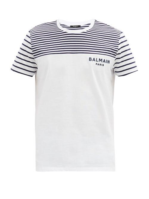 Matchesfashion.com Balmain - 3d-logo Striped Cotton-jersey T-shirt - Mens - White