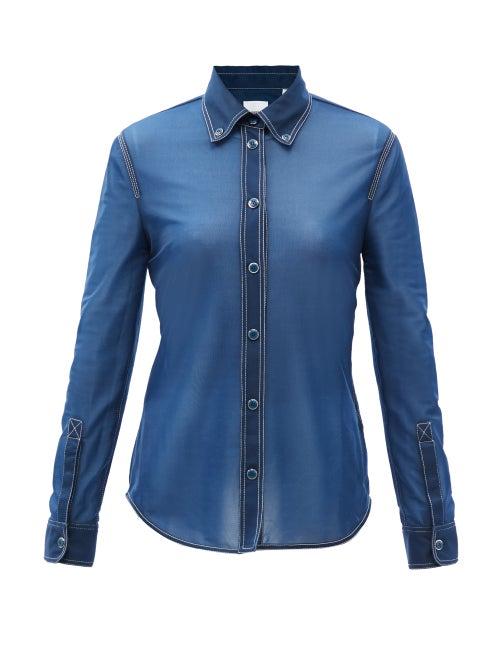 Matchesfashion.com Burberry - Topstitched Sheer-jersey Button-down Shirt - Womens - Navy
