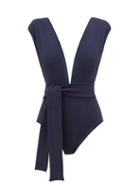 Matchesfashion.com Haight - Roge Cap-sleeve Waist-tie Swimsuit - Womens - Dark Blue