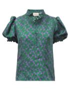 Matchesfashion.com La Doublej - Shortcake Farfalline Verde Print Silk Twill Blouse - Womens - Green