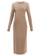 Ganni - Logo-print Ruched Jersey Midi Dress - Womens - Brown Beige