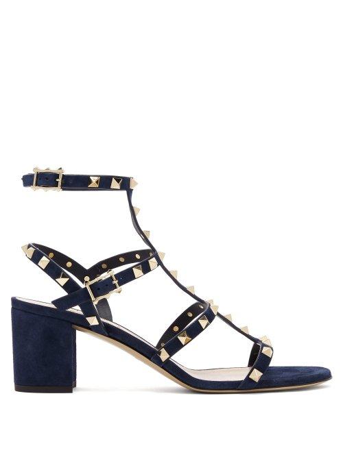 Matchesfashion.com Valentino - Rockstud Block Heel Suede Sandals - Womens - Navy