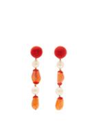 Matchesfashion.com Rebecca De Ravenel - Long Treasures Pearl And Gem Clip Earrings - Womens - Orange