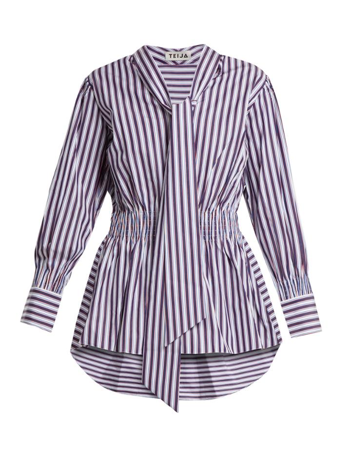 Teija Striped Tie-neck Cotton Top