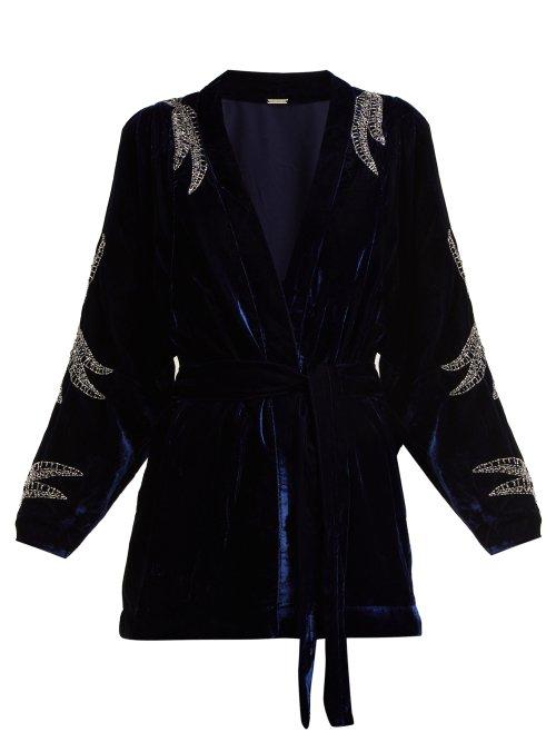 Matchesfashion.com Dodo Bar Or - Corinne Bead Embellished Velvet Kimono Jacket - Womens - Navy