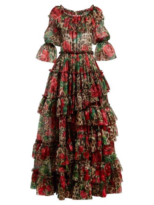 Matchesfashion.com Dolce & Gabbana - Tiered Rose And Leopard Print Georgette Gown - Womens - Beige Multi