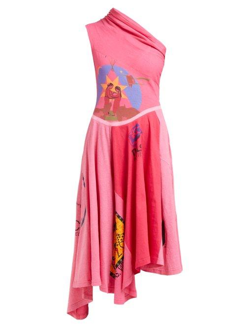 Matchesfashion.com Marine Serre - Patchwork One Shoulder Cotton Jersey Dress - Womens - Pink