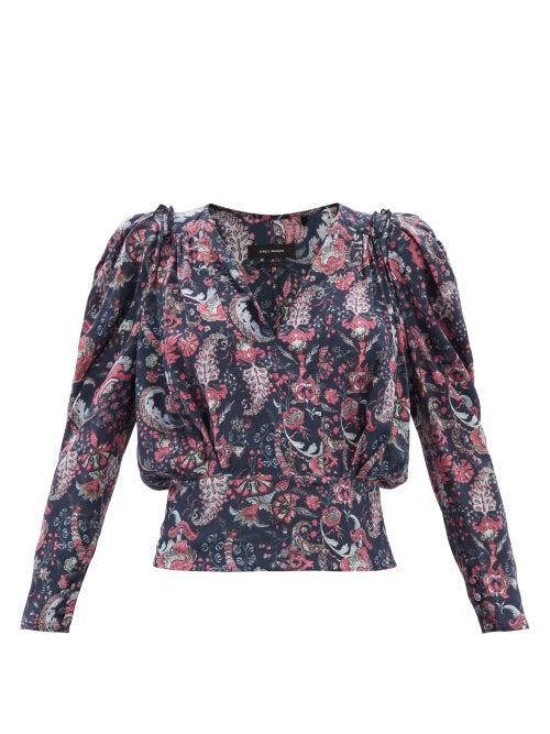 Isabel Marant - Zarga Paisley-print Silk-blend Georgette Top - Womens - Navy Multi