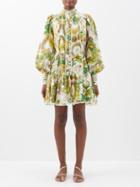 Ale Mais - Octavia Floral-print Ramie Mini Dress - Womens - Ivory Multi