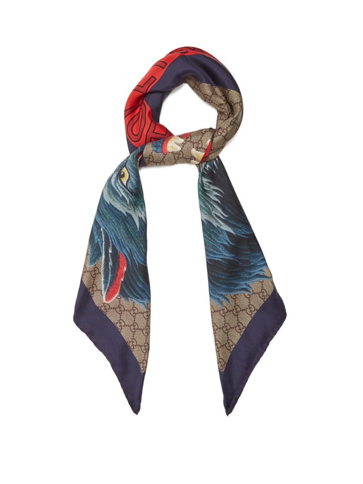 Gucci Wolf-print Gg Supreme Silk-twill Scarf