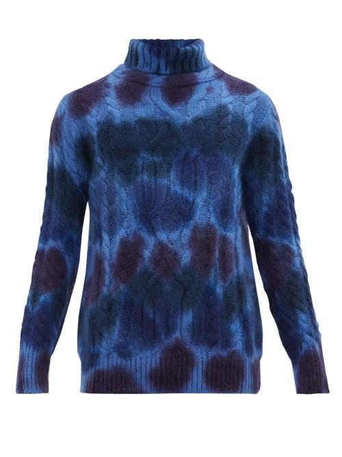 Matchesfashion.com 3 Moncler Grenoble - Roll Neck Tie Dye Mohair Blend Cable Knit Sweater - Mens - Blue