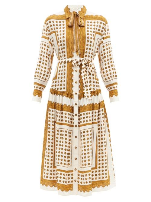 Matchesfashion.com Zimmermann - Sash-neck Polka-dot Twill Shirt Dress - Womens - Brown Print