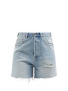 Ladies Rtw Gucci - Cat-embroidered Distressed Cotton-denim Shorts - Womens - Denim