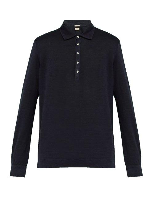 Matchesfashion.com Massimo Alba - Long Sleeved Linen Piqu Polo Shirt - Mens - Navy