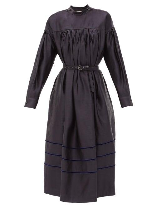 Matchesfashion.com Zanini - Mock-neck Pleated Silk Satin Midi Dress - Womens - Blue