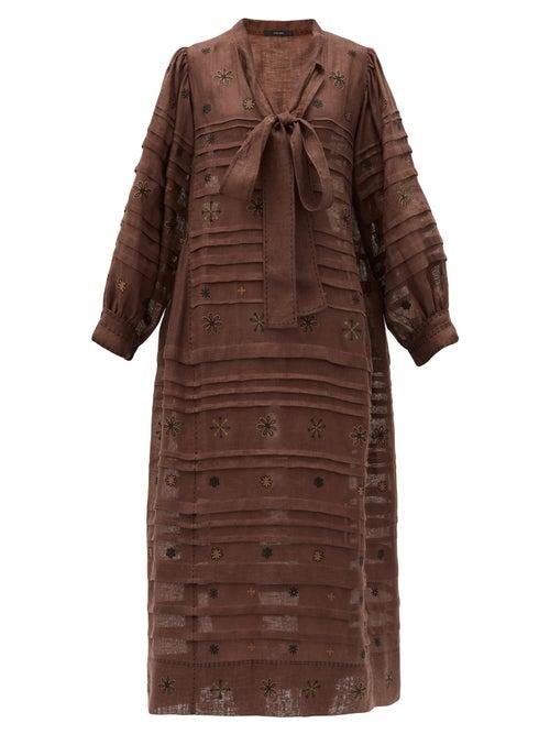 Matchesfashion.com Vita Kin - Constellation Embroidered Linen Midi Dress - Womens - Brown