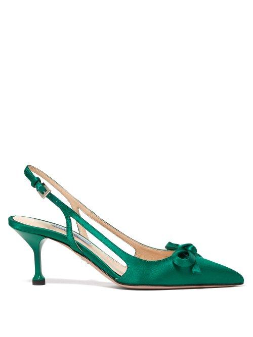 Matchesfashion.com Prada - Bow Trim Slingback Satin Pumps - Womens - Green