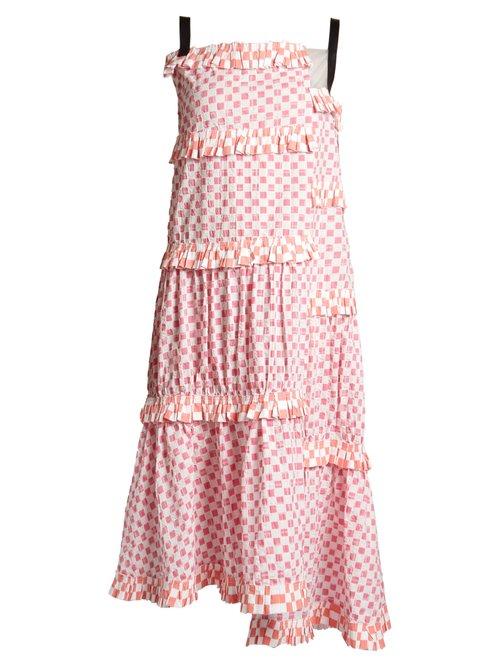 Matchesfashion.com Loewe - Patchwork Print Tiered Cotton Dress - Womens - Pink White