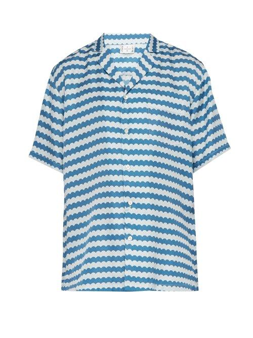 Matchesfashion.com All At Sea - Wave Print Cuban Collar Silk Pyjama Shirt - Mens - Blue