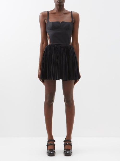 Shushu/tong - Square-neck Pleated Satin Mini Dress - Womens - Black