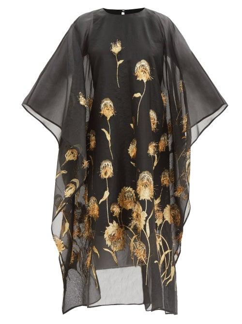 Taller Marmo - Tulip-embroidered Chiffon Kaftan - Womens - Black Gold