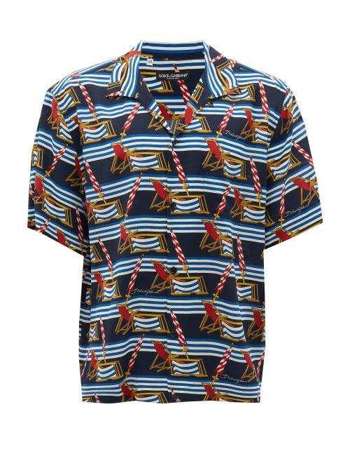 Matchesfashion.com Dolce & Gabbana - Deckchair And Stripe-print Silk Shirt - Mens - Blue Multi