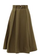 Matchesfashion.com Msgm - High-rise Belted Cotton-blend Midi Skirt - Womens - Khaki