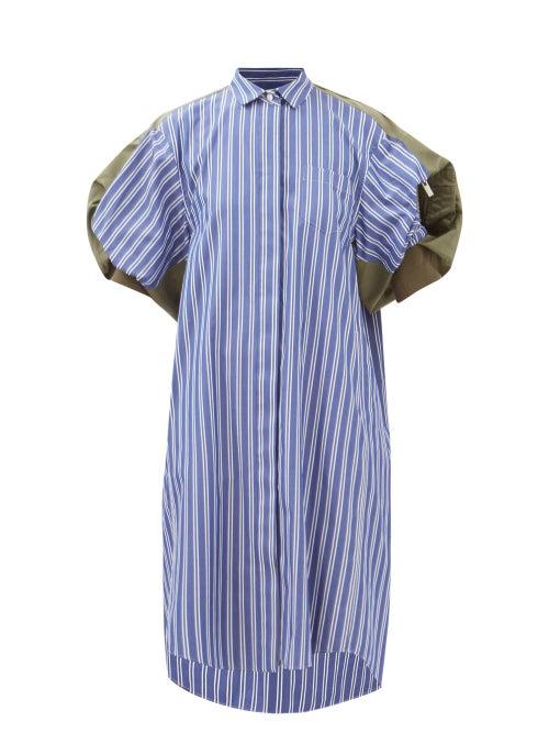 Sacai - Puff-sleeve Panelled Cotton-twill Shirt Dress - Womens - Blue Stripe