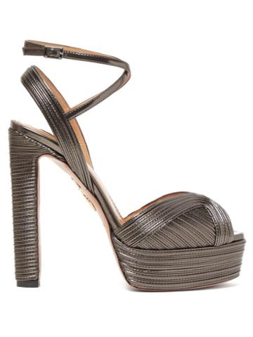 Matchesfashion.com Aquazzura - Caprice 130 Metallic Leather Platform Sandals - Womens - Dark Grey