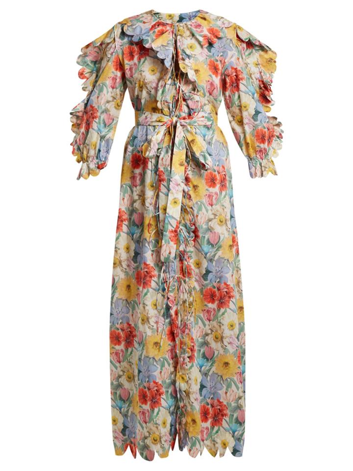 Horror Vacui Floral-print Scallop-edged Cotton Dress