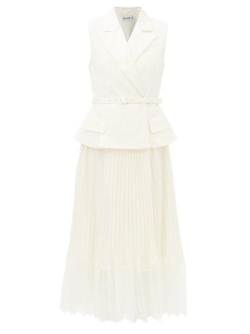 Self-portrait - Belted Lace-embroidered Chiffon Midi Dress - Womens - Ivory