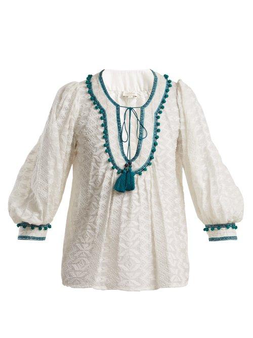 Matchesfashion.com Talitha - Zipzag Embroidered Cotton And Silk Blend Shirt - Womens - Green White