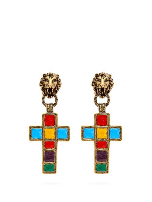Matchesfashion.com Gucci - Enamelled Cross Clip On Earrings - Womens - Multi