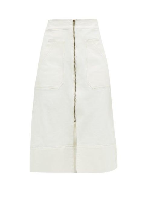 Matchesfashion.com Ssone - Zip Through Organic Denim Midi Skirt - Womens - Ivory