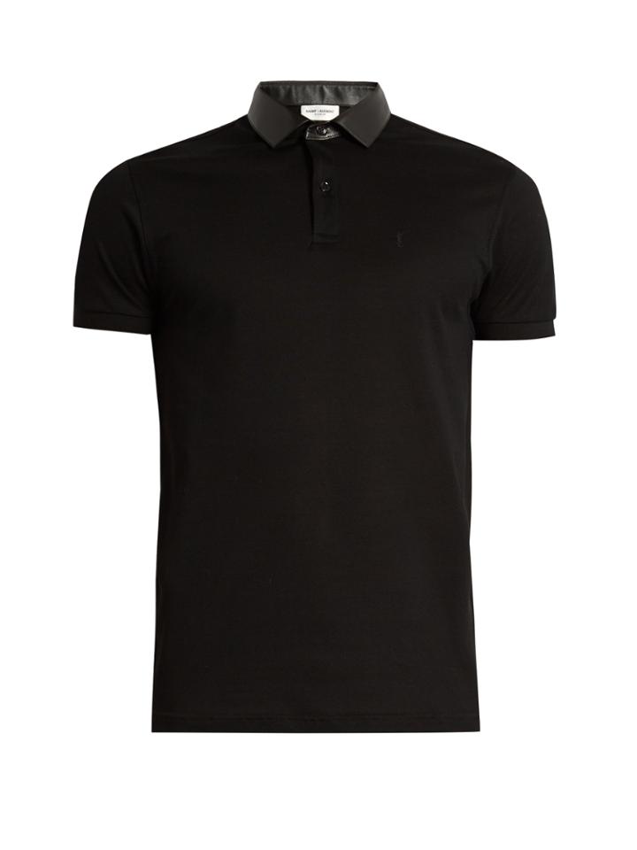 Saint Laurent Leather-collar Short-sleeved Cotton Polo Shirt