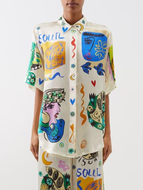 Ale Mais - Soleil Impressionist-print Oversized Silk Shirt - Womens - Ivory Multi
